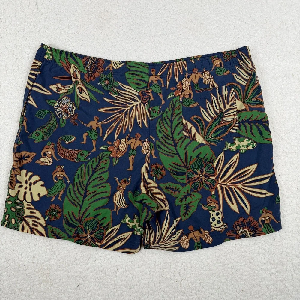 Polo Sport Ralph Lauren Vintage XL Hawaiian Hula Print Swim Trunks Navy Blue 90s